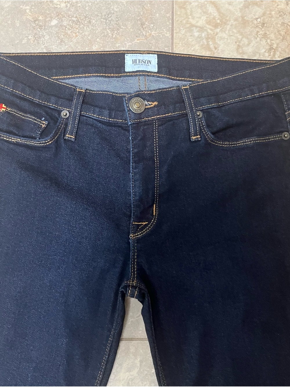 Hudson Jeans Dark Blue Denim with Tan Stitching Details